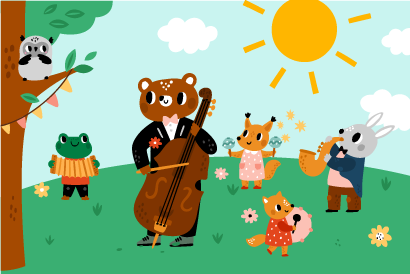 A host of cartoon forest animal splay instruments together on a grassy hill under a yellow sun.